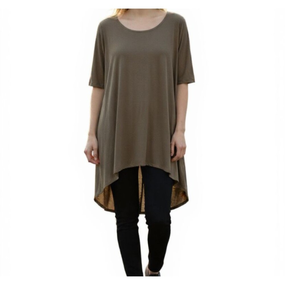 Bryn Walker Brown Tunic Dress Women Small Lagenlook Hi-Low Relaxed Short Sleeve